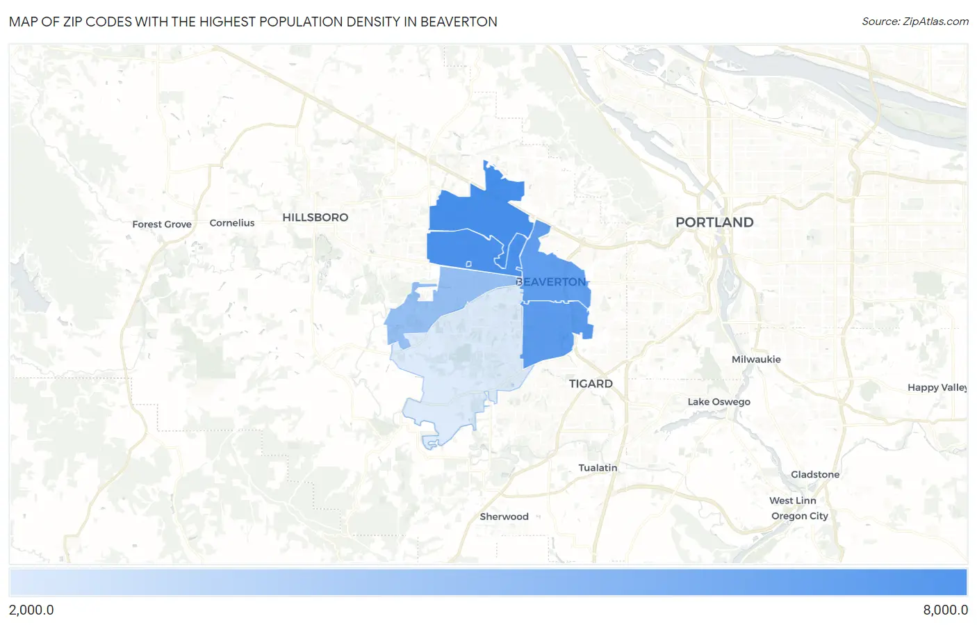 Zip Codes with the Highest Population Density in Beaverton Map