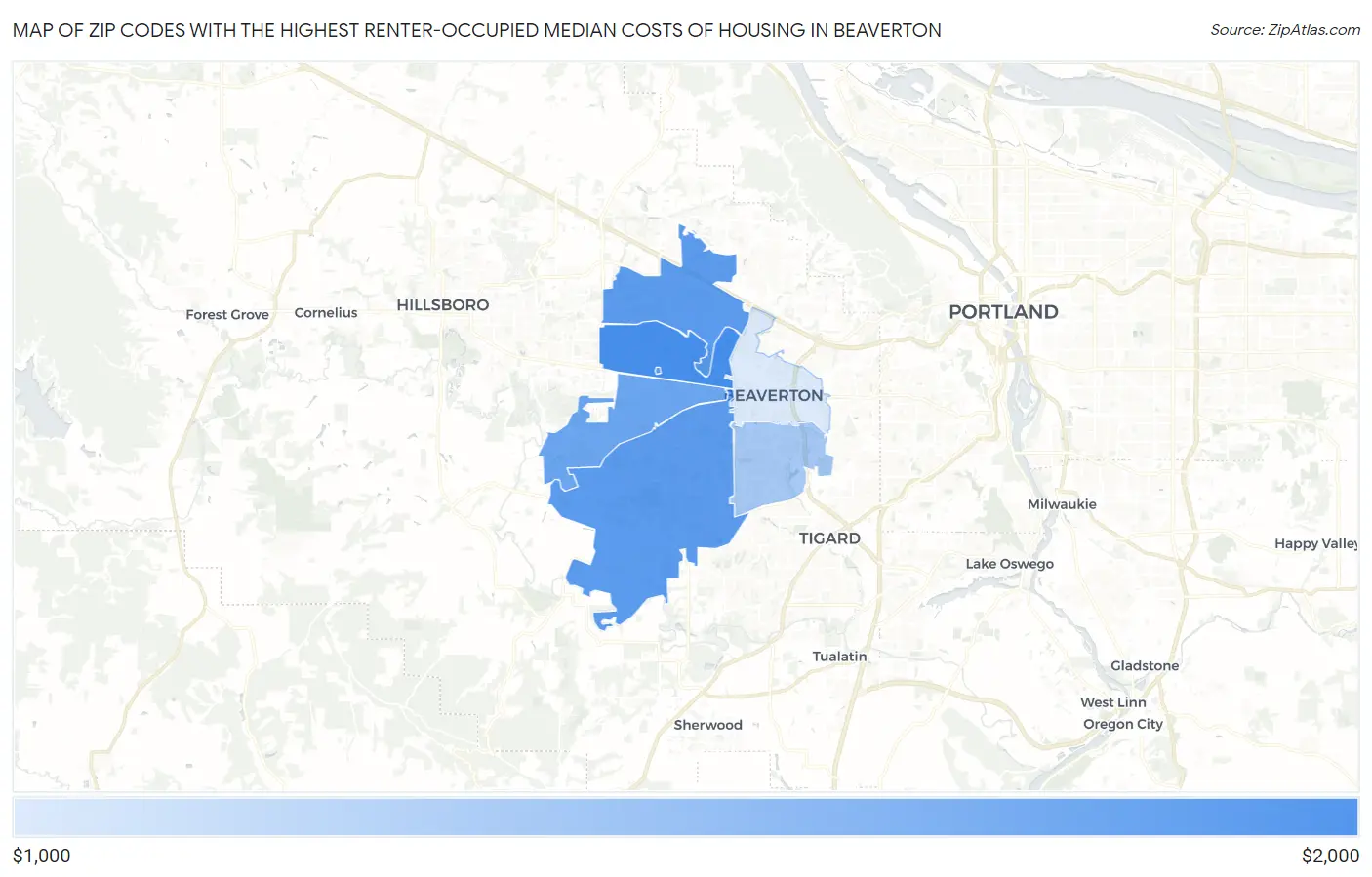 Zip Codes with the Highest Renter-Occupied Median Costs of Housing in Beaverton Map