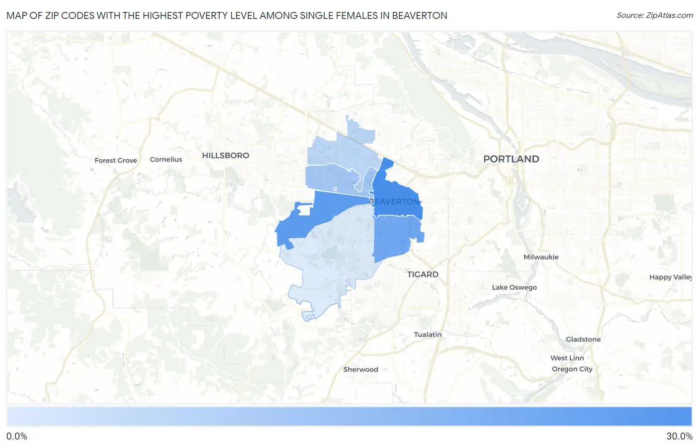 Zip Codes with the Highest Poverty Level Among Single Females in Beaverton Map