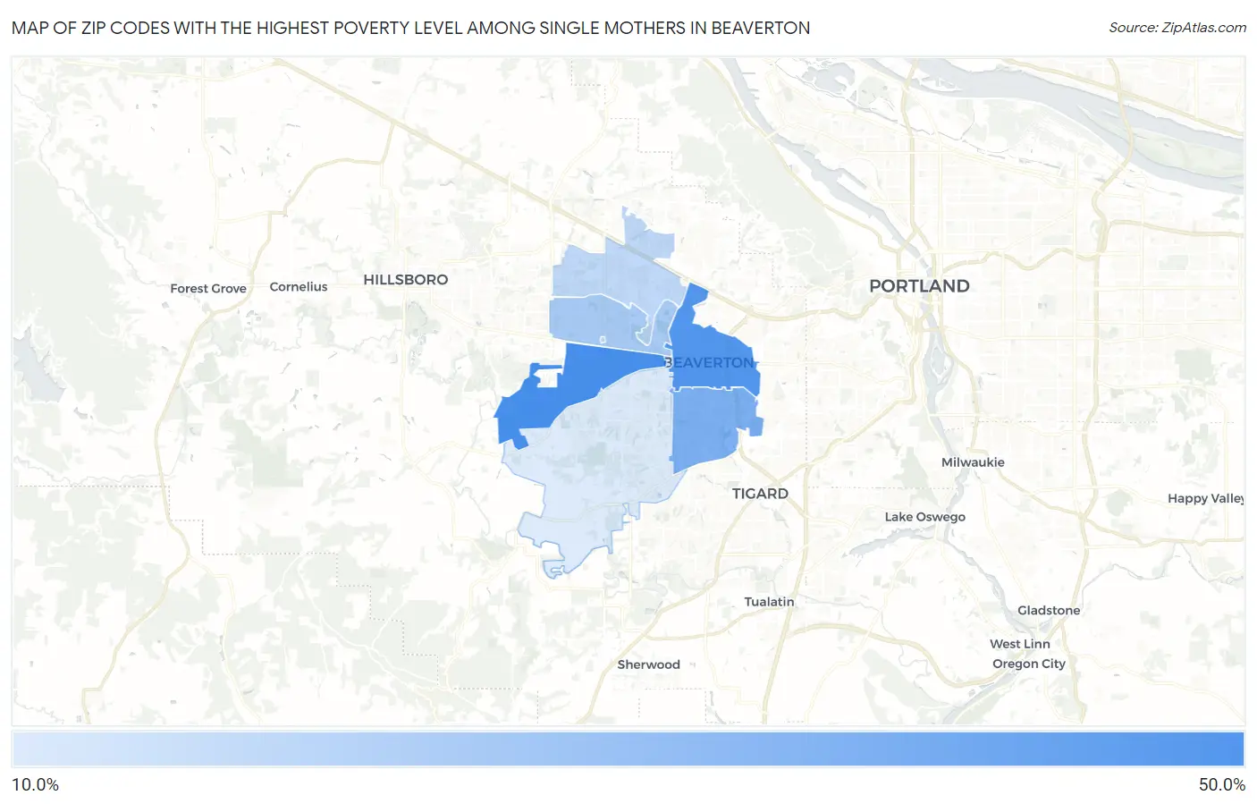 Zip Codes with the Highest Poverty Level Among Single Mothers in Beaverton Map