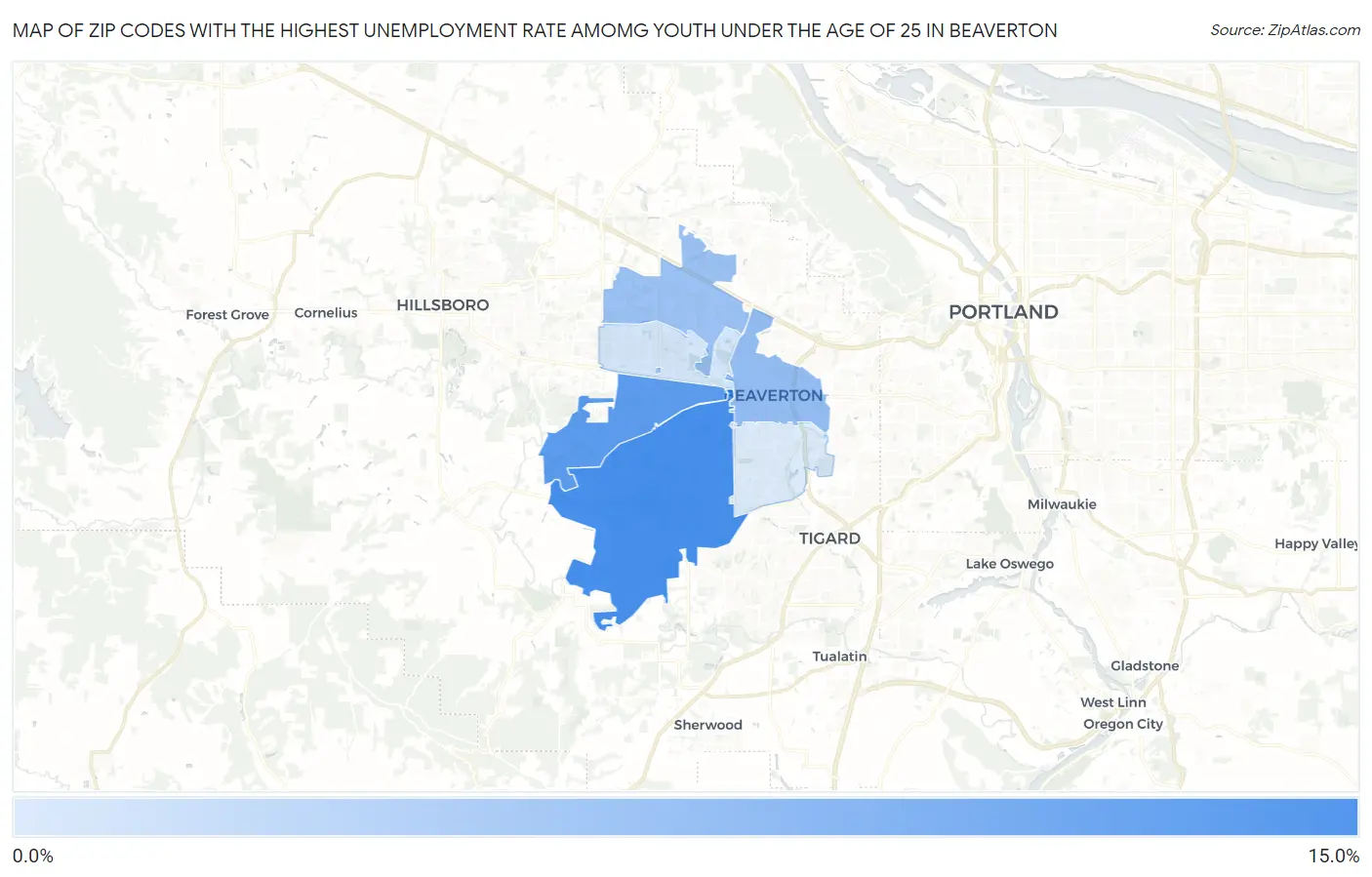 Zip Codes with the Highest Unemployment Rate Amomg Youth Under the Age of 25 in Beaverton Map