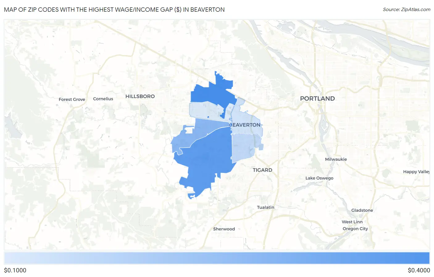 Zip Codes with the Highest Wage/Income Gap ($) in Beaverton Map