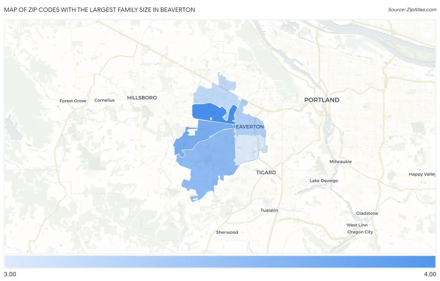 Zip Codes with the Largest Family Size in Beaverton Map