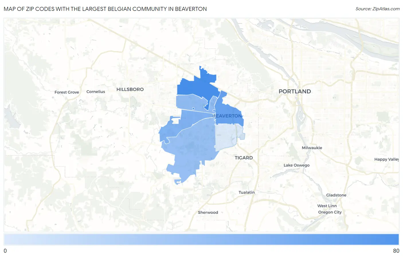 Zip Codes with the Largest Belgian Community in Beaverton Map