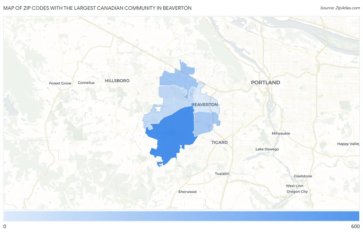 Zip Codes with the Largest Canadian Community in Beaverton Map
