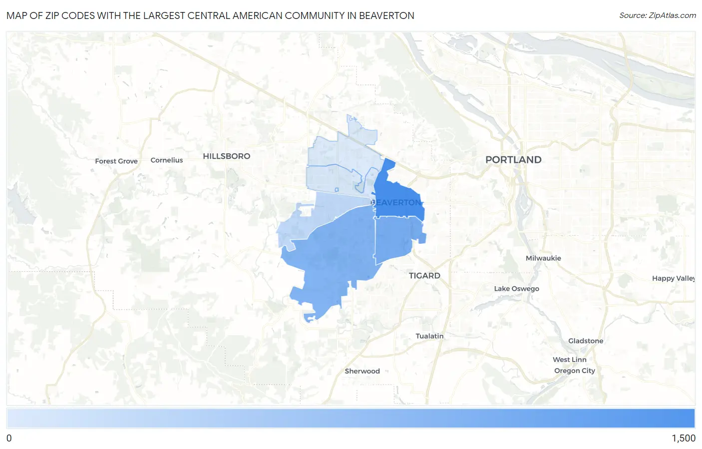 Zip Codes with the Largest Central American Community in Beaverton Map