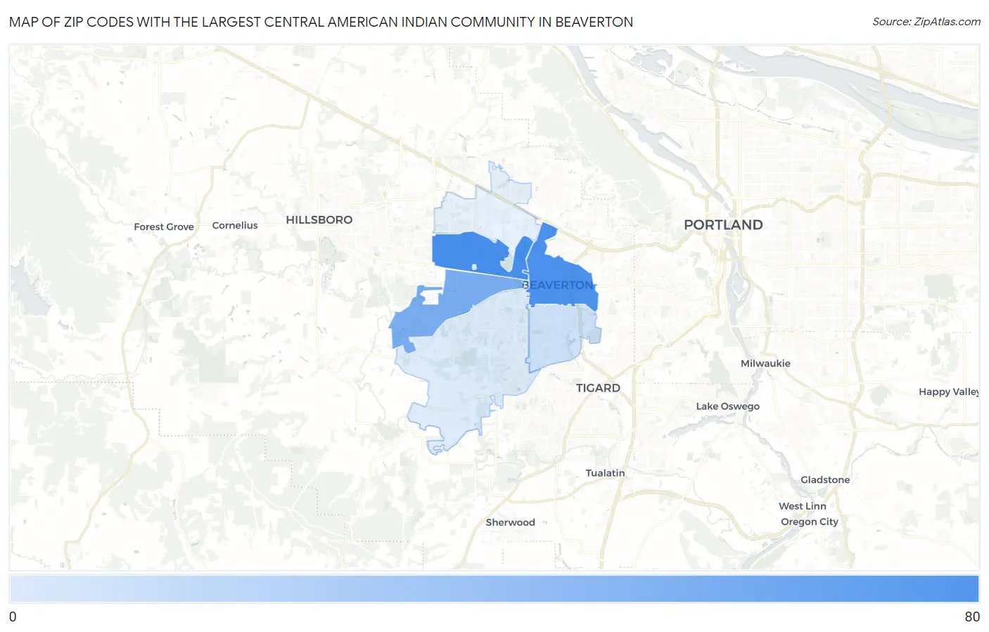 Zip Codes with the Largest Central American Indian Community in Beaverton Map