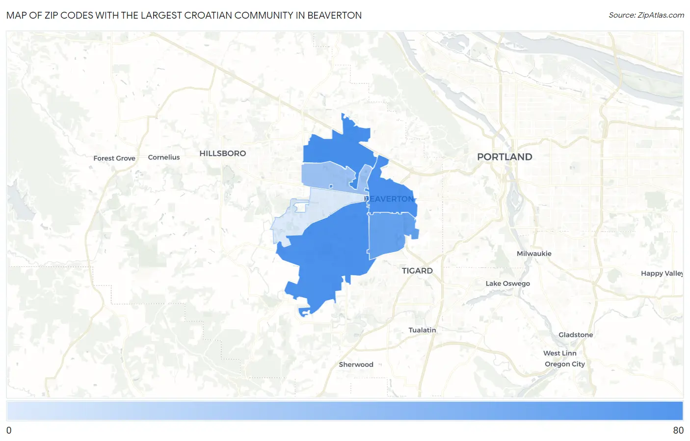 Zip Codes with the Largest Croatian Community in Beaverton Map