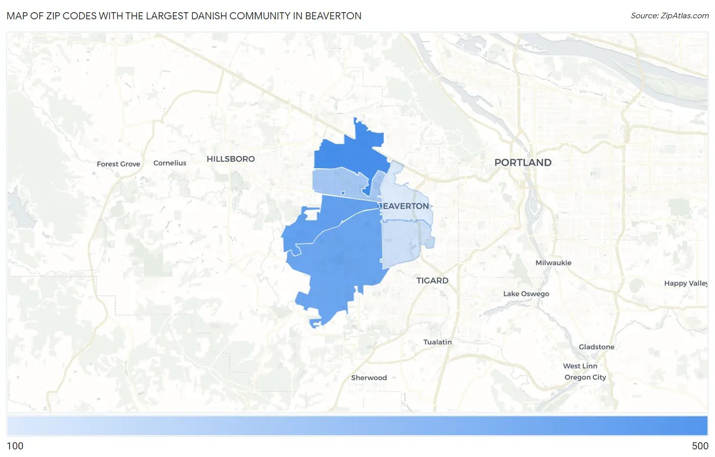 Zip Codes with the Largest Danish Community in Beaverton Map