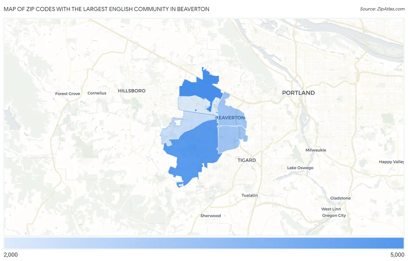 Zip Codes with the Largest English Community in Beaverton Map
