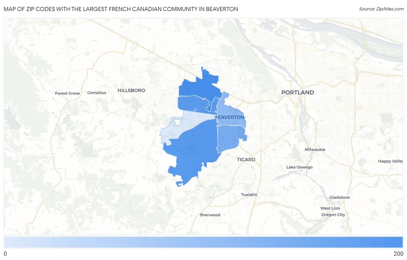 Zip Codes with the Largest French Canadian Community in Beaverton Map