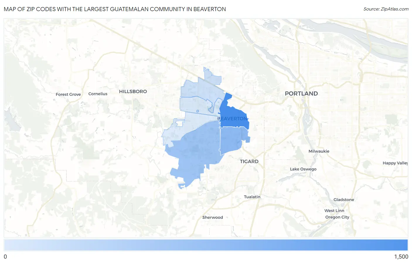 Zip Codes with the Largest Guatemalan Community in Beaverton Map