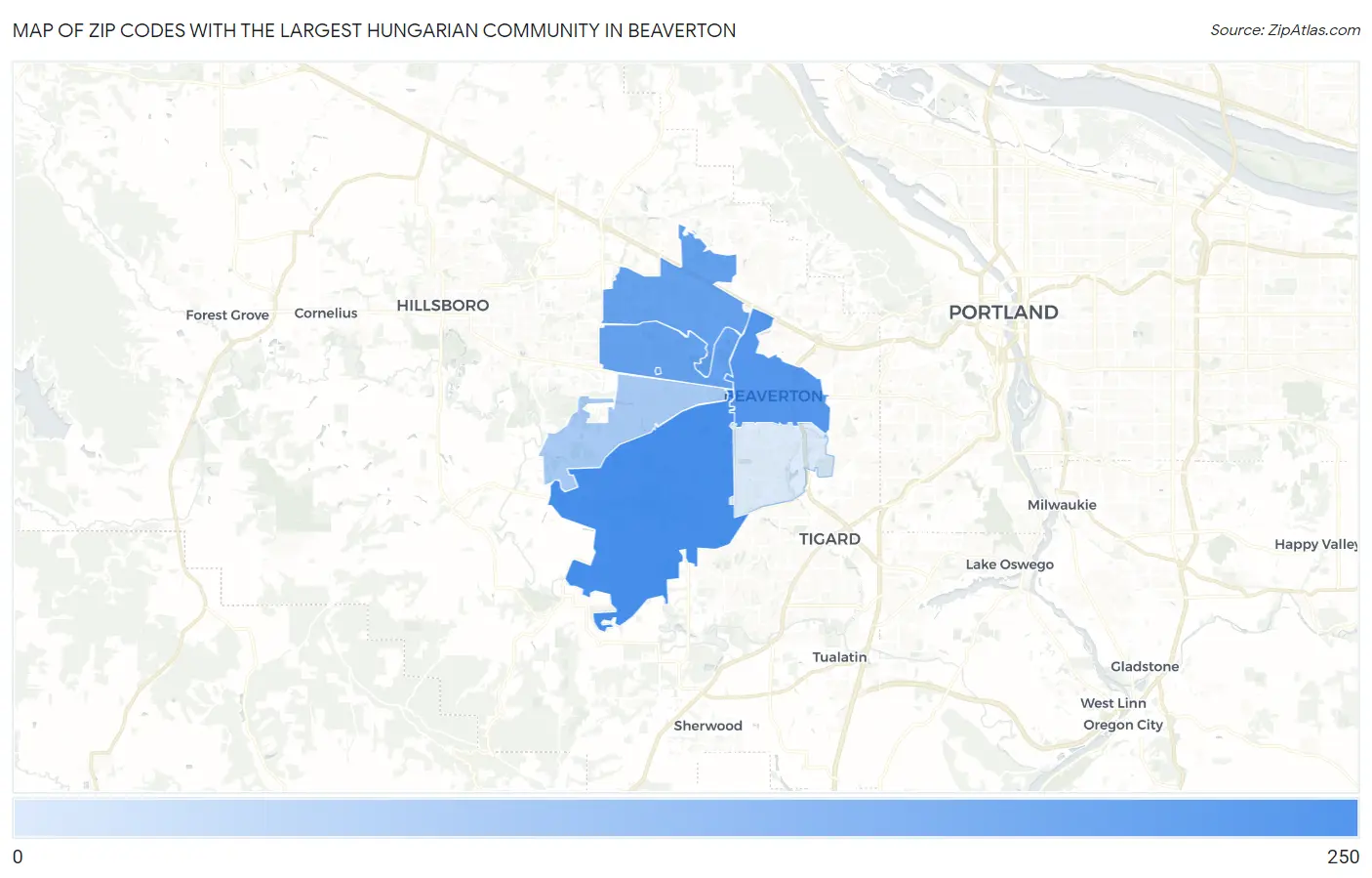 Zip Codes with the Largest Hungarian Community in Beaverton Map