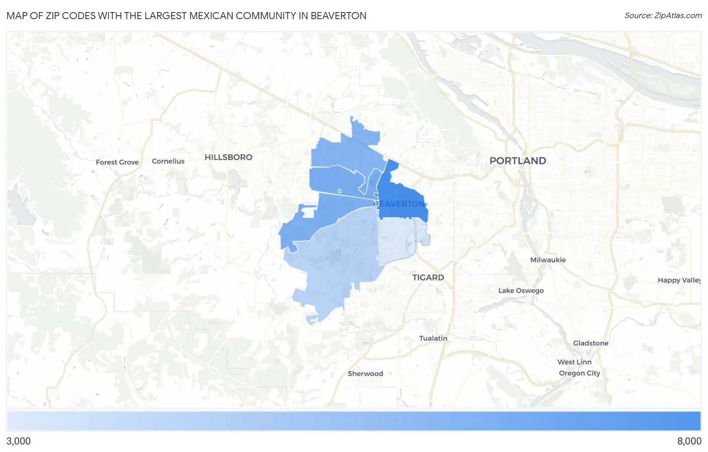 Zip Codes with the Largest Mexican Community in Beaverton Map
