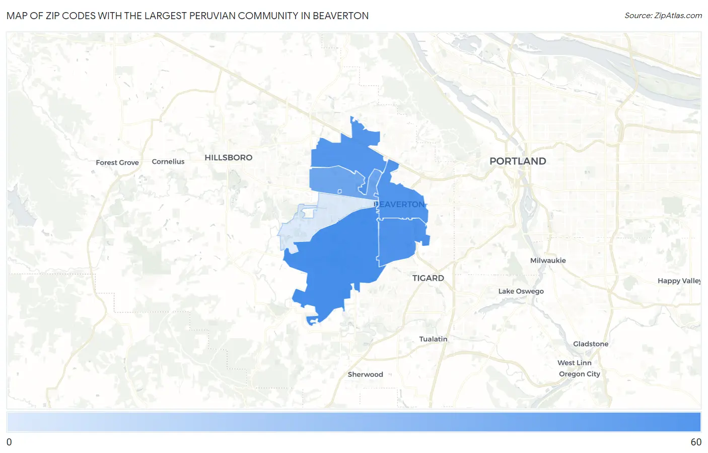 Zip Codes with the Largest Peruvian Community in Beaverton Map