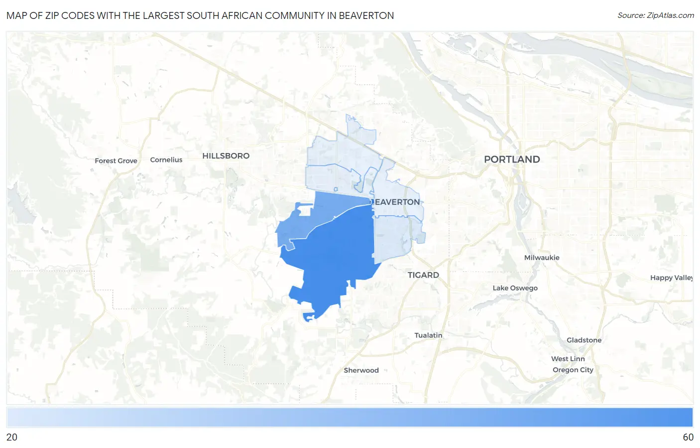 Zip Codes with the Largest South African Community in Beaverton Map