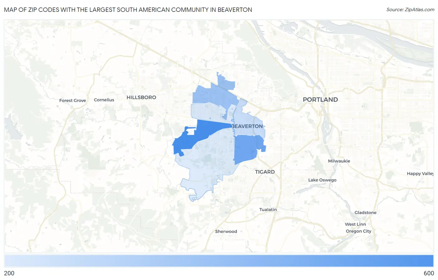 Zip Codes with the Largest South American Community in Beaverton Map