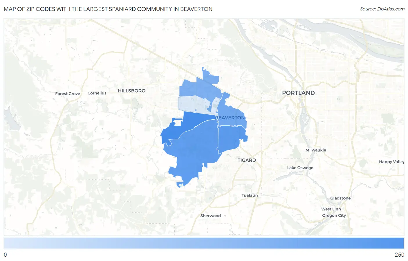 Zip Codes with the Largest Spaniard Community in Beaverton Map