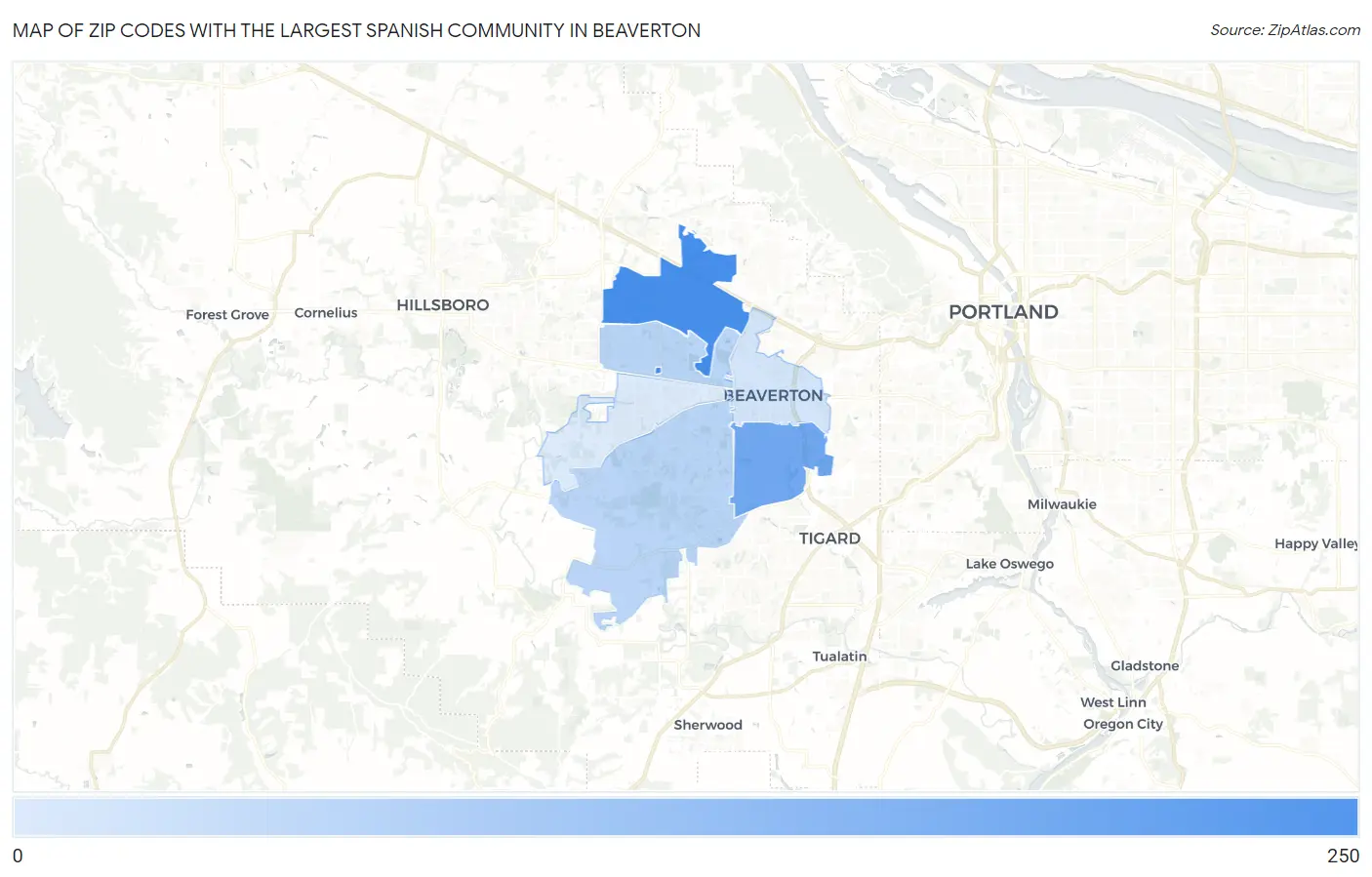 Zip Codes with the Largest Spanish Community in Beaverton Map