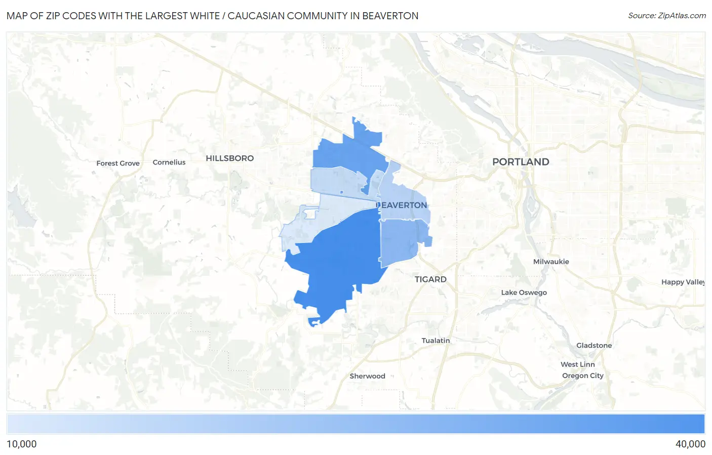 Zip Codes with the Largest White / Caucasian Community in Beaverton Map