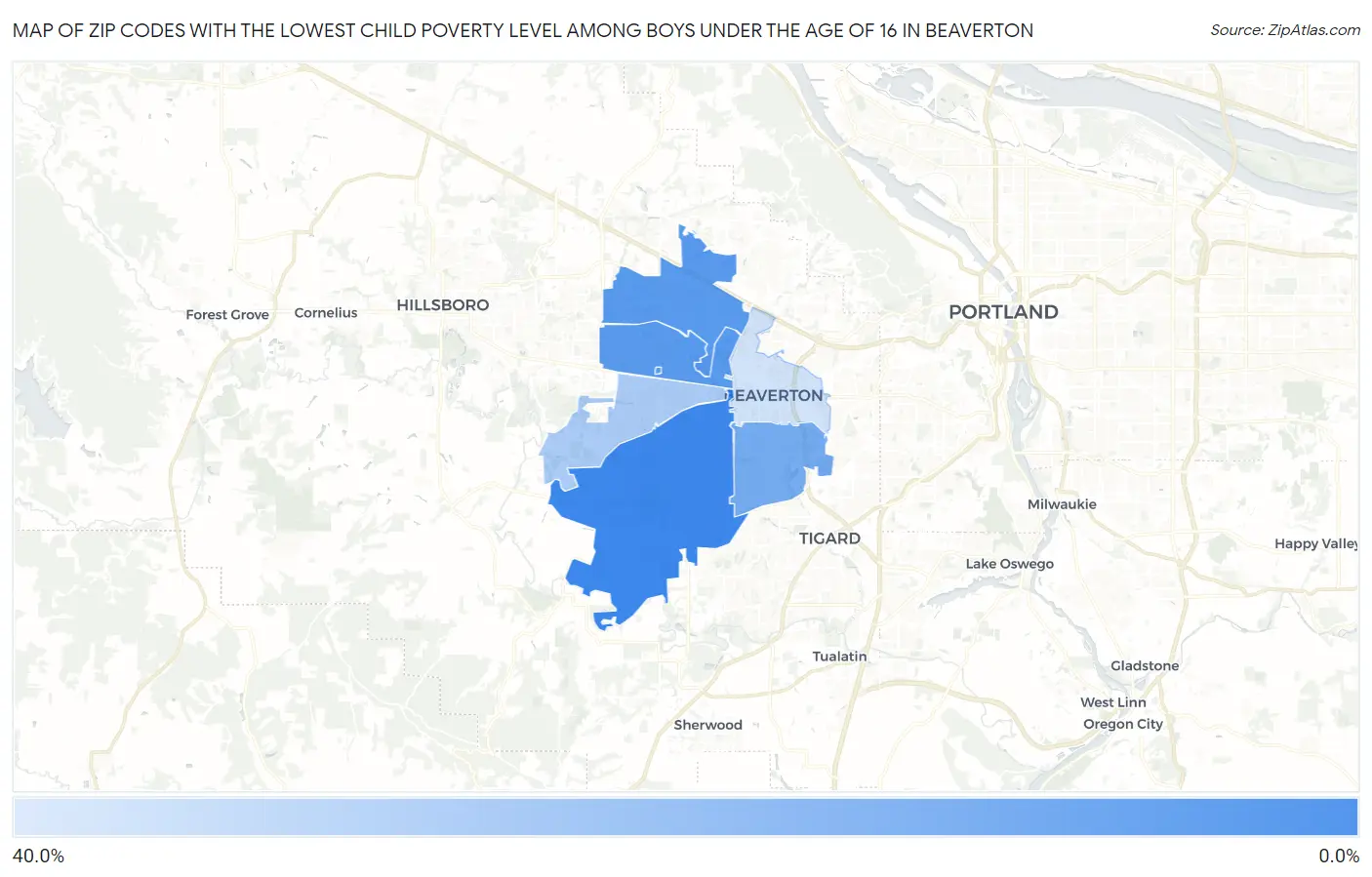 Zip Codes with the Lowest Child Poverty Level Among Boys Under the Age of 16 in Beaverton Map