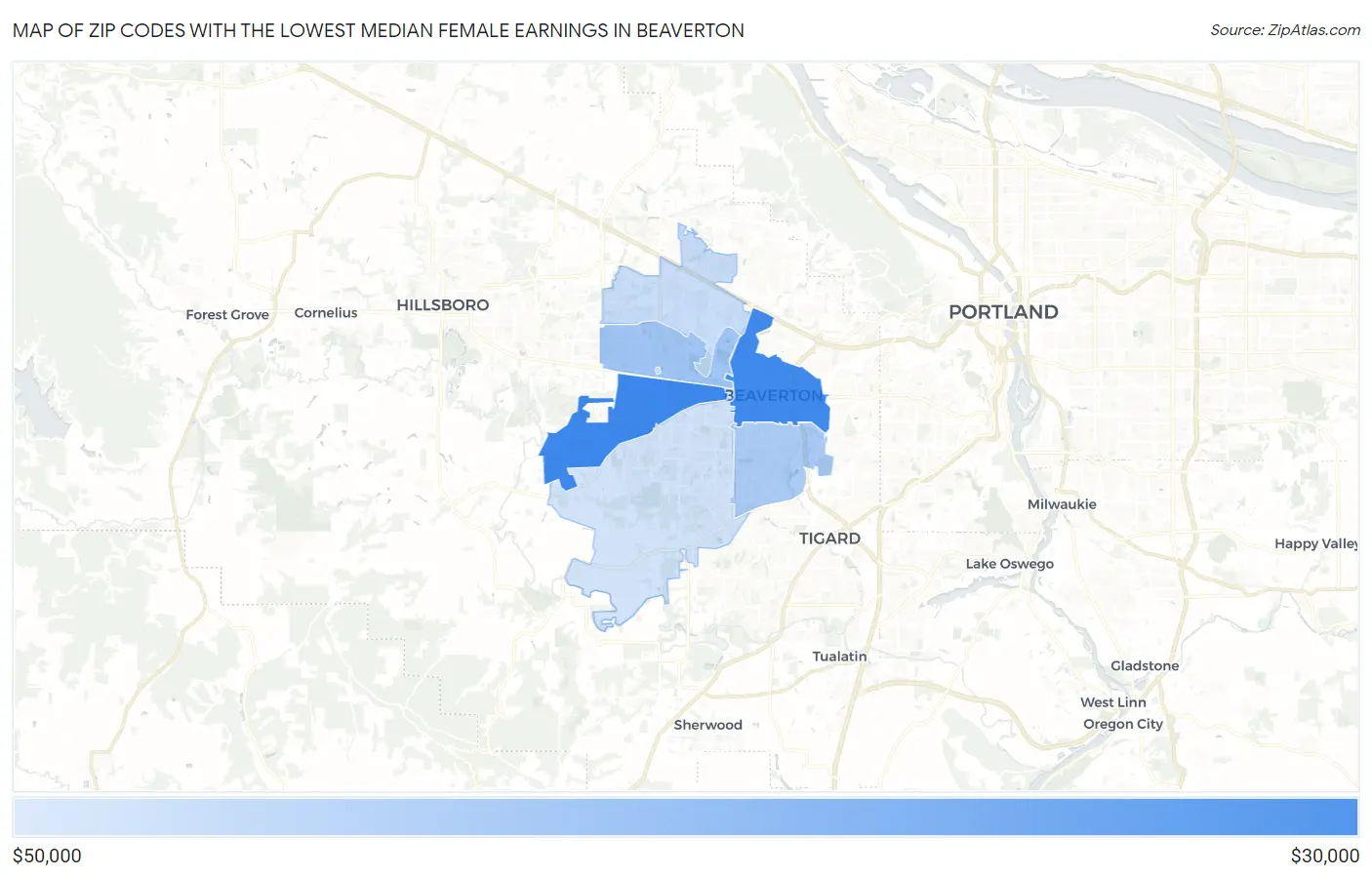 Zip Codes with the Lowest Median Female Earnings in Beaverton Map