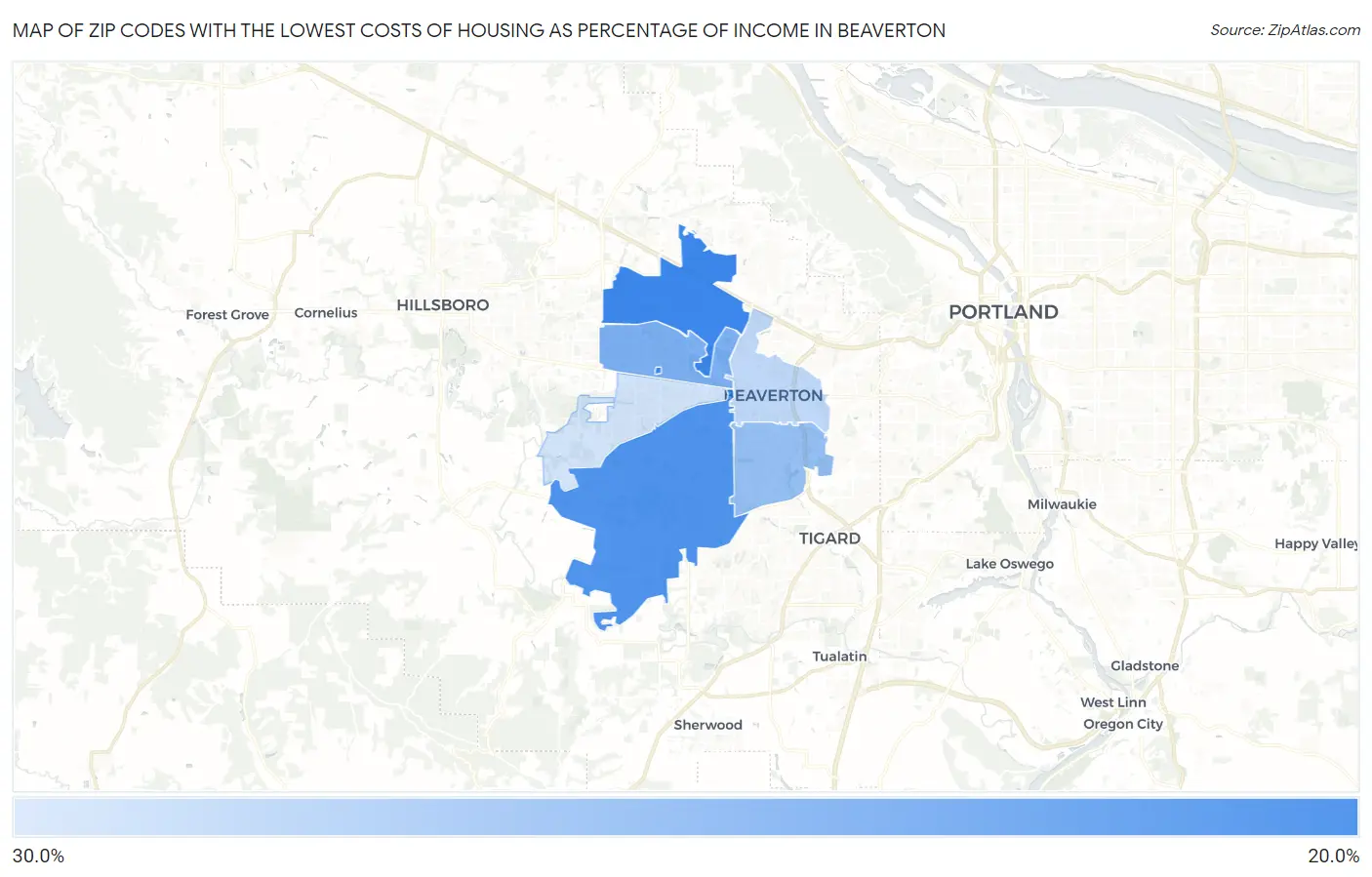 Zip Codes with the Lowest Costs of Housing as Percentage of Income in Beaverton Map