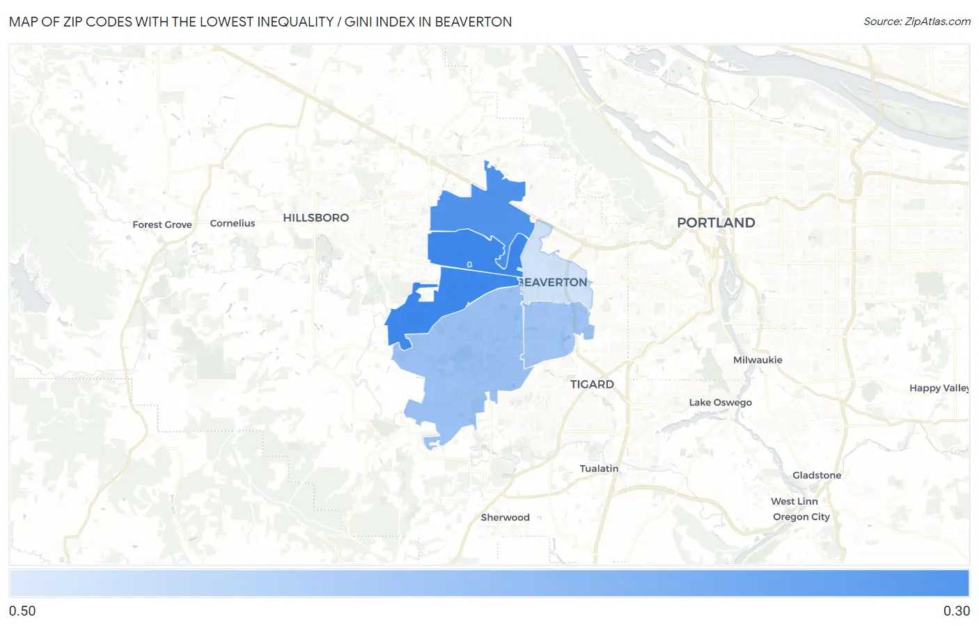 Zip Codes with the Lowest Inequality / Gini Index in Beaverton Map