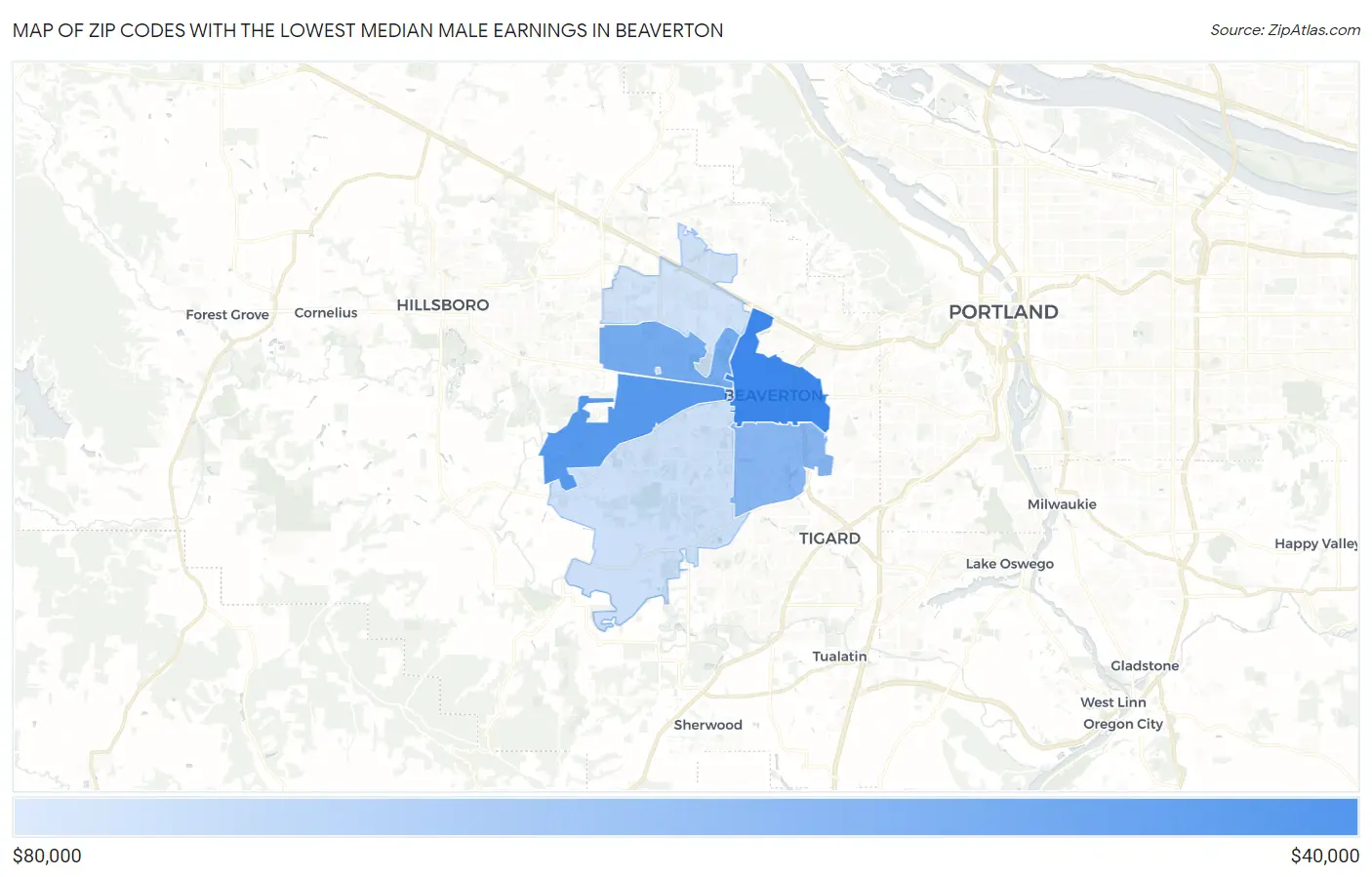 Zip Codes with the Lowest Median Male Earnings in Beaverton Map