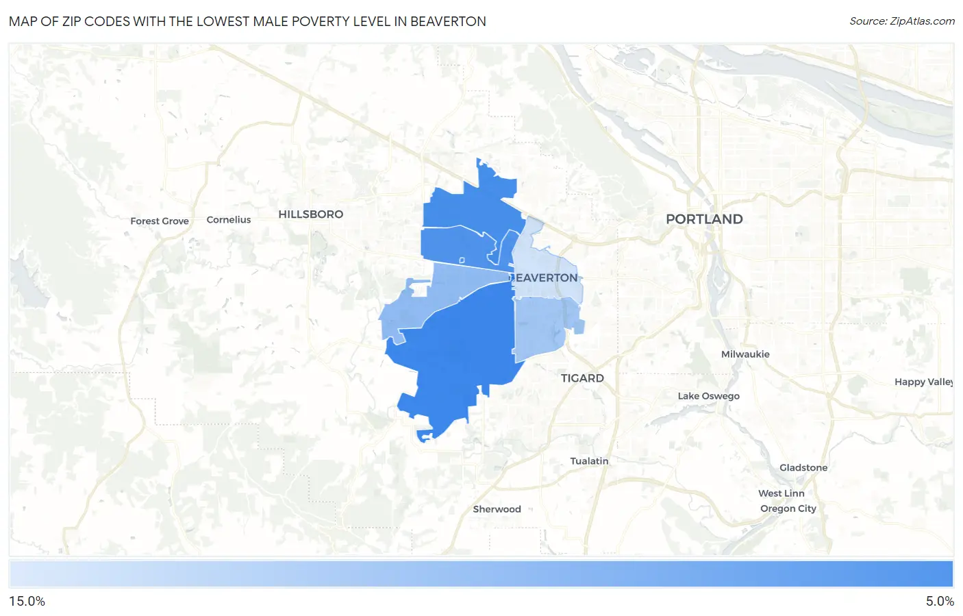 Zip Codes with the Lowest Male Poverty Level in Beaverton Map