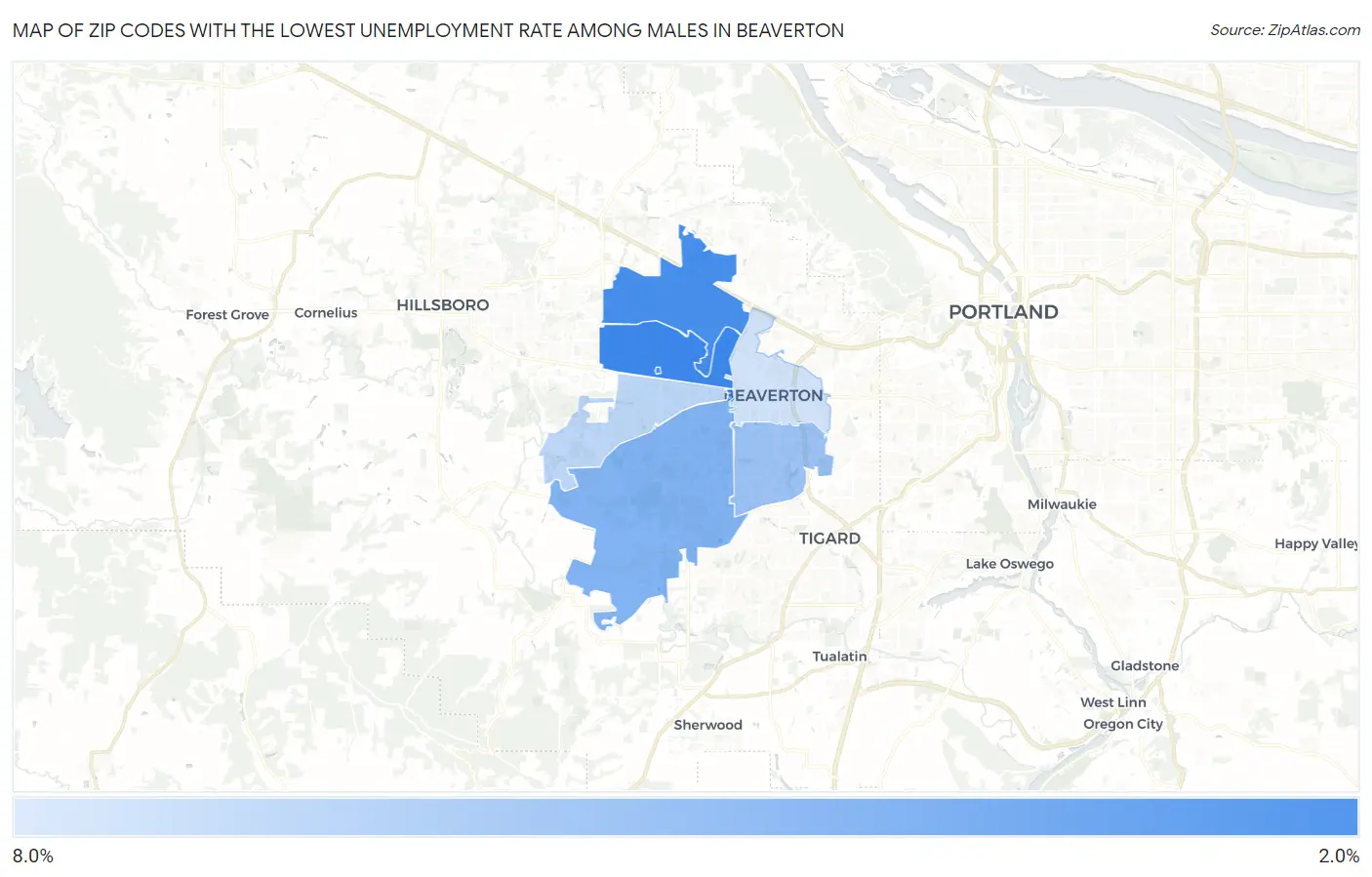 Zip Codes with the Lowest Unemployment Rate Among Males in Beaverton Map