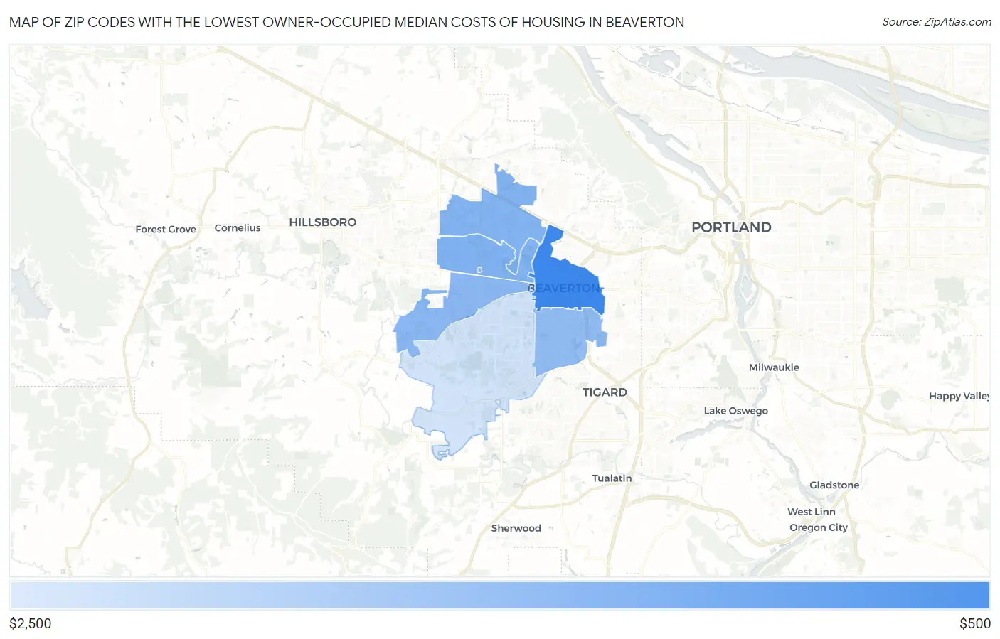 Zip Codes with the Lowest Owner-Occupied Median Costs of Housing in Beaverton Map