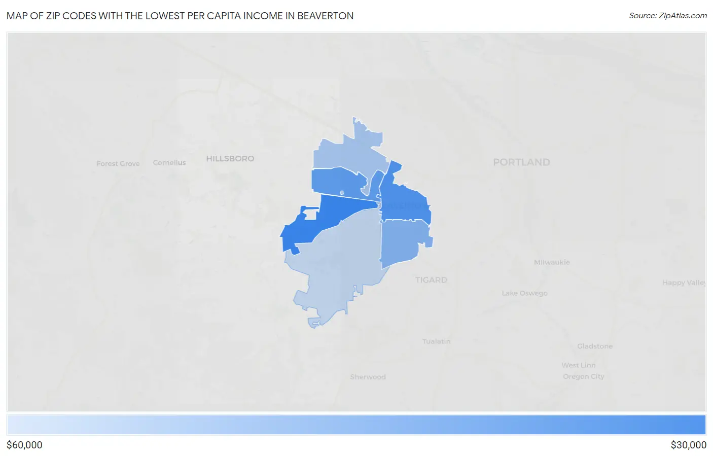 Zip Codes with the Lowest Per Capita Income in Beaverton Map