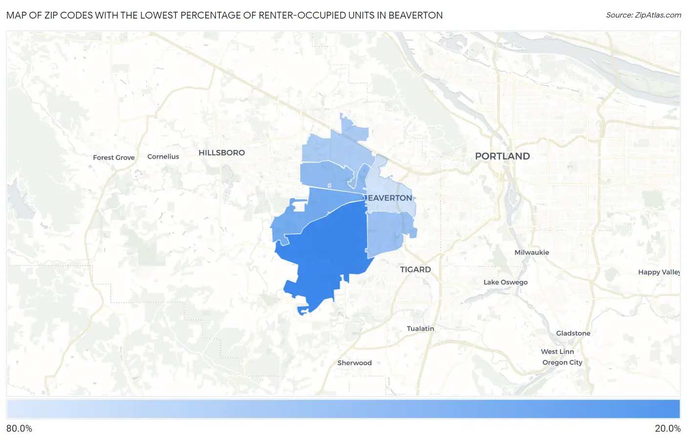 Zip Codes with the Lowest Percentage of Renter-Occupied Units in Beaverton Map