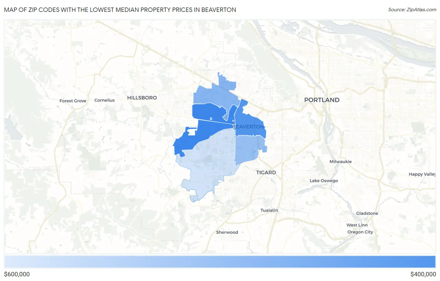 Zip Codes with the Lowest Median Property Prices in Beaverton Map