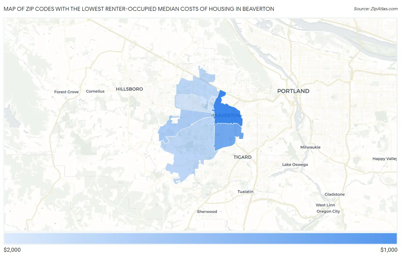 Zip Codes with the Lowest Renter-Occupied Median Costs of Housing in Beaverton Map