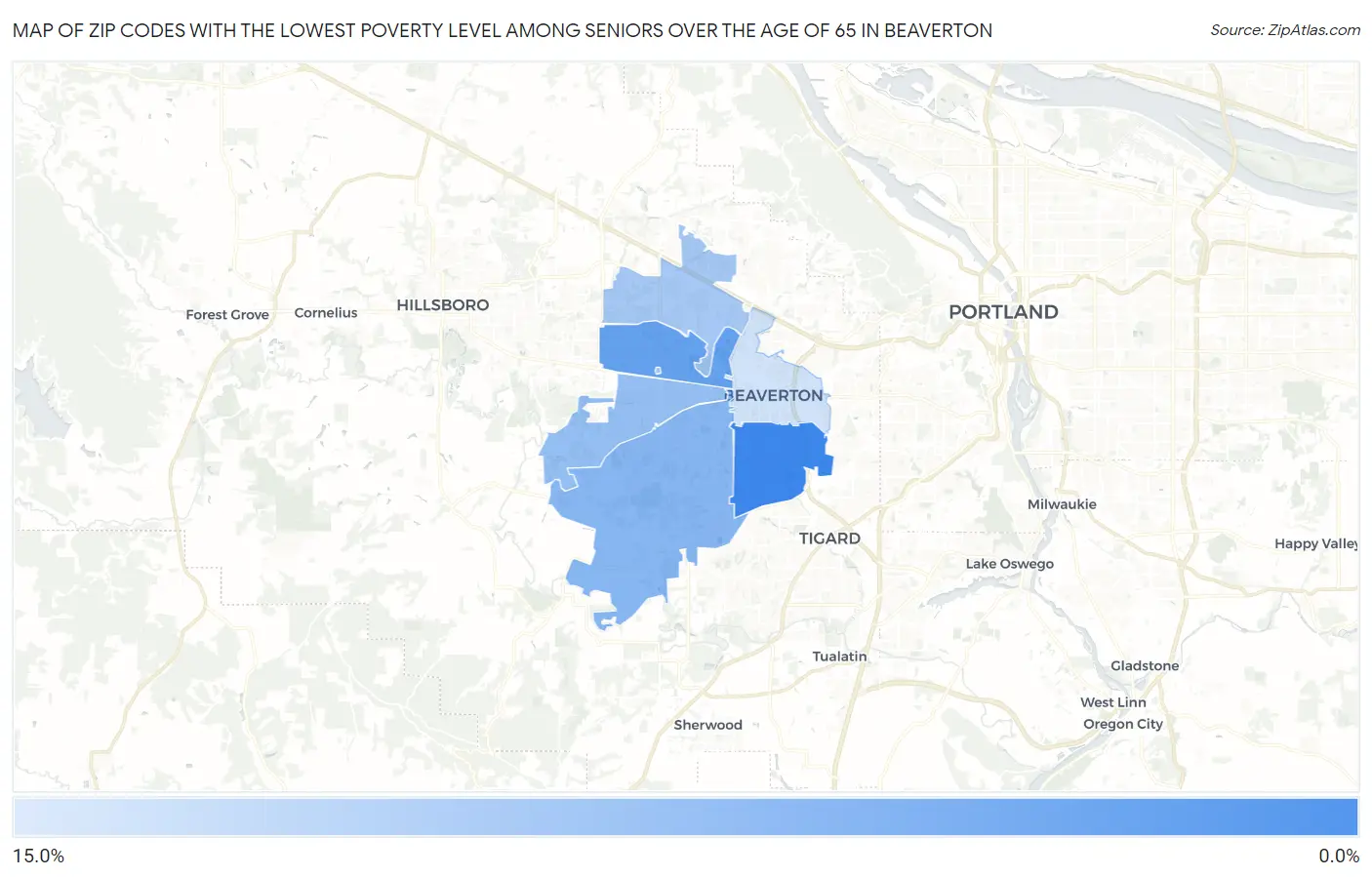 Zip Codes with the Lowest Poverty Level Among Seniors Over the Age of 65 in Beaverton Map