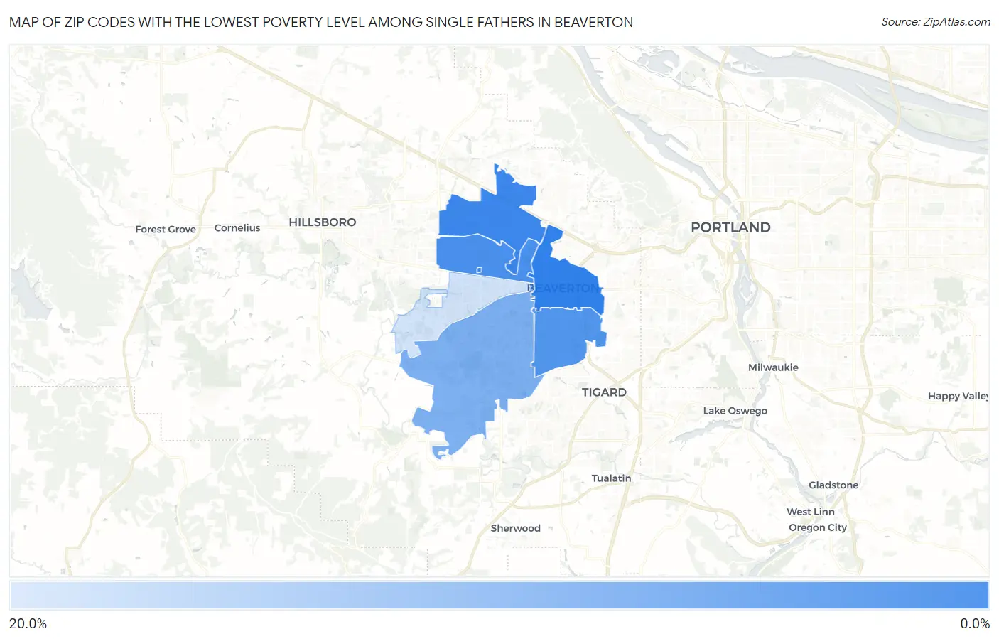 Zip Codes with the Lowest Poverty Level Among Single Fathers in Beaverton Map