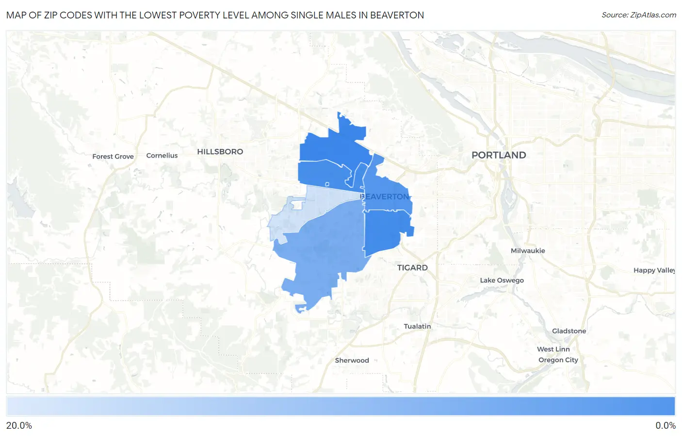 Zip Codes with the Lowest Poverty Level Among Single Males in Beaverton Map