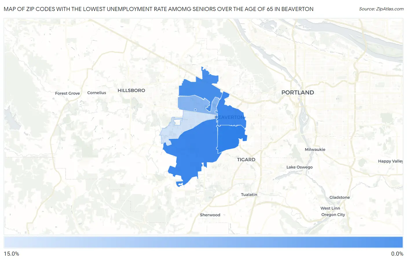 Zip Codes with the Lowest Unemployment Rate Amomg Seniors Over the Age of 65 in Beaverton Map