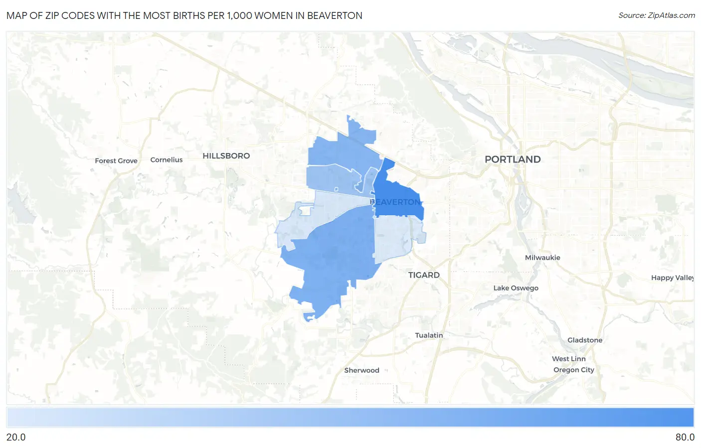 Zip Codes with the Most Births per 1,000 Women in Beaverton Map