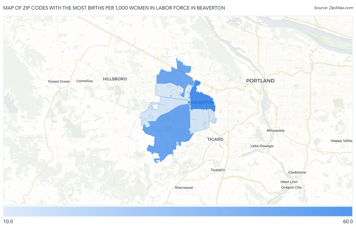Zip Codes with the Most Births per 1,000 Women in Labor Force in Beaverton Map