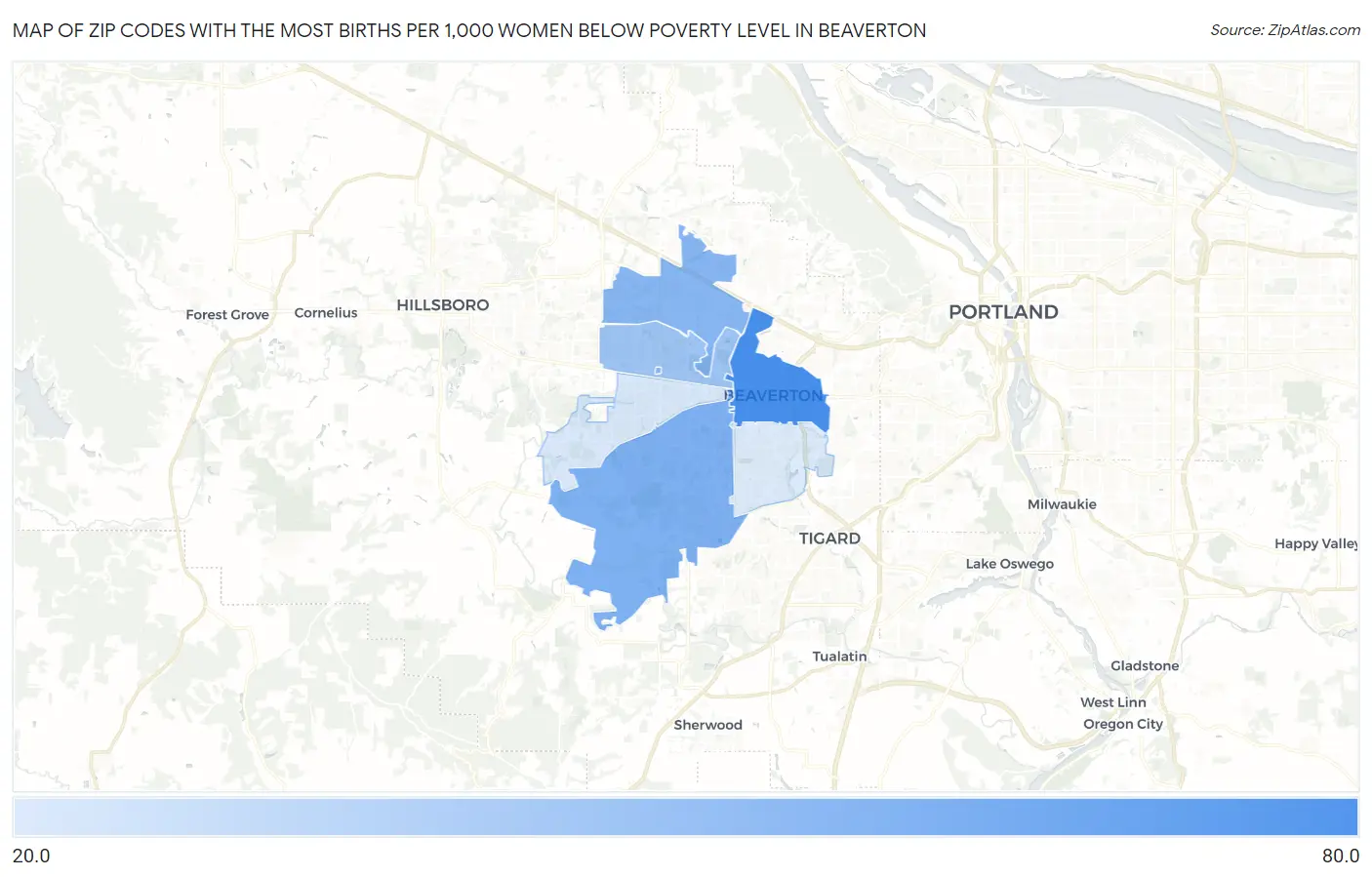 Zip Codes with the Most Births per 1,000 Women Below Poverty Level in Beaverton Map