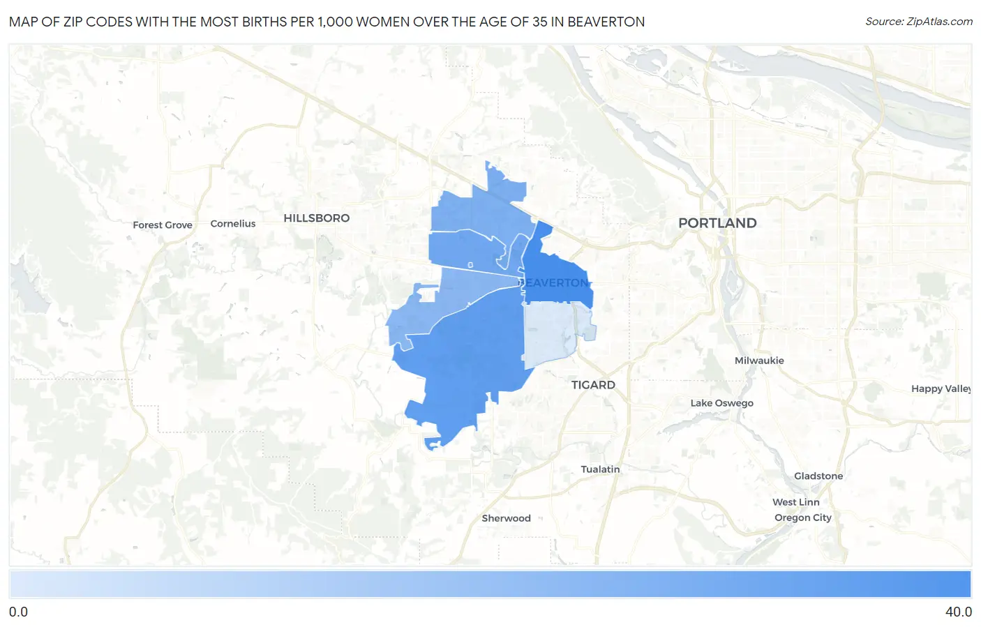 Zip Codes with the Most Births per 1,000 Women Over the Age of 35 in Beaverton Map