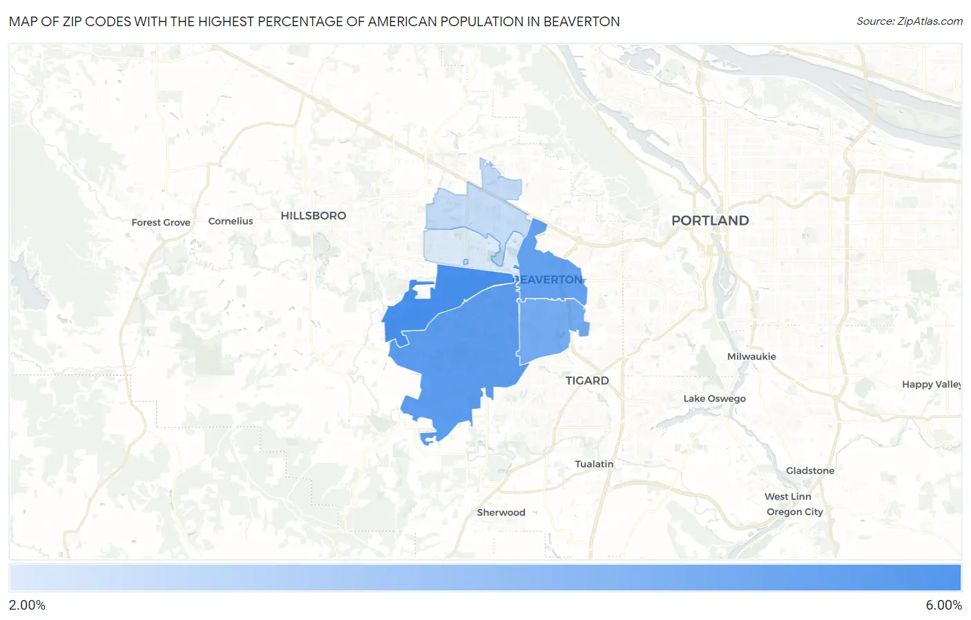 Zip Codes with the Highest Percentage of American Population in Beaverton Map