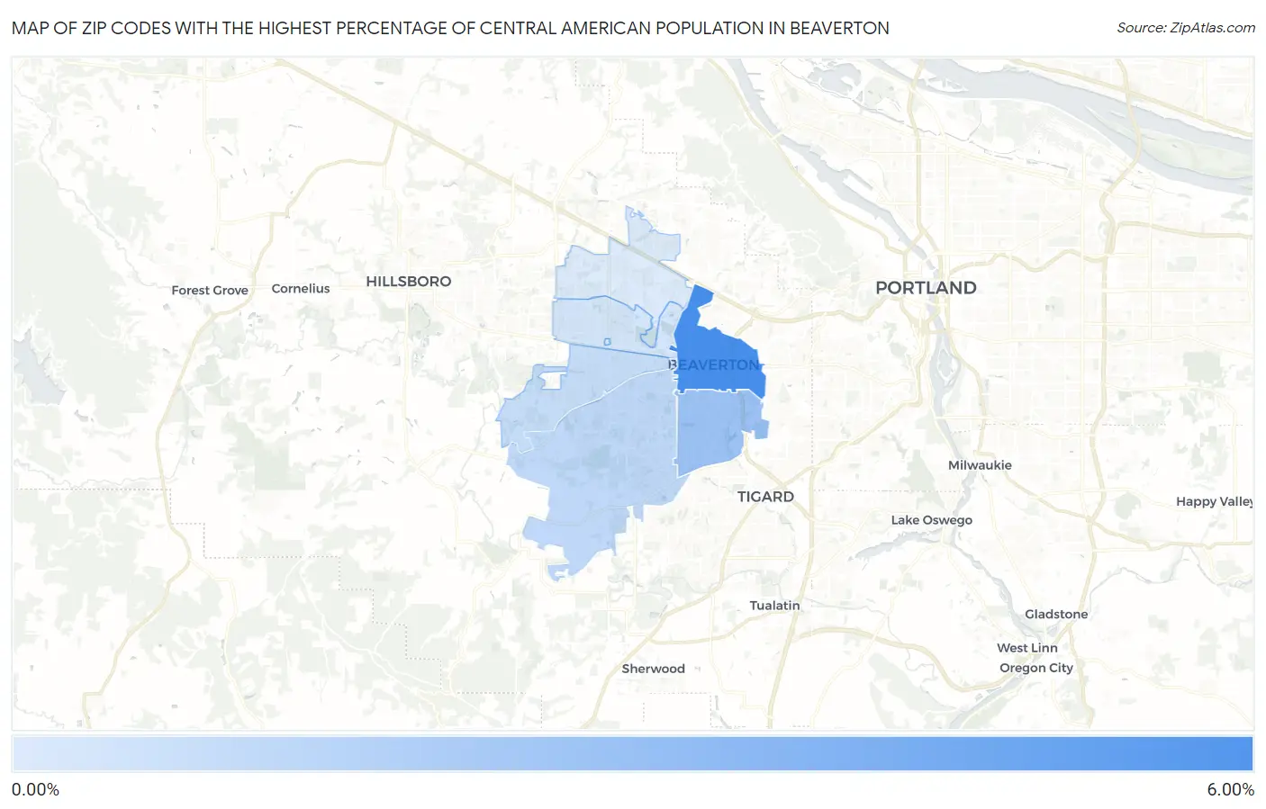 Zip Codes with the Highest Percentage of Central American Population in Beaverton Map