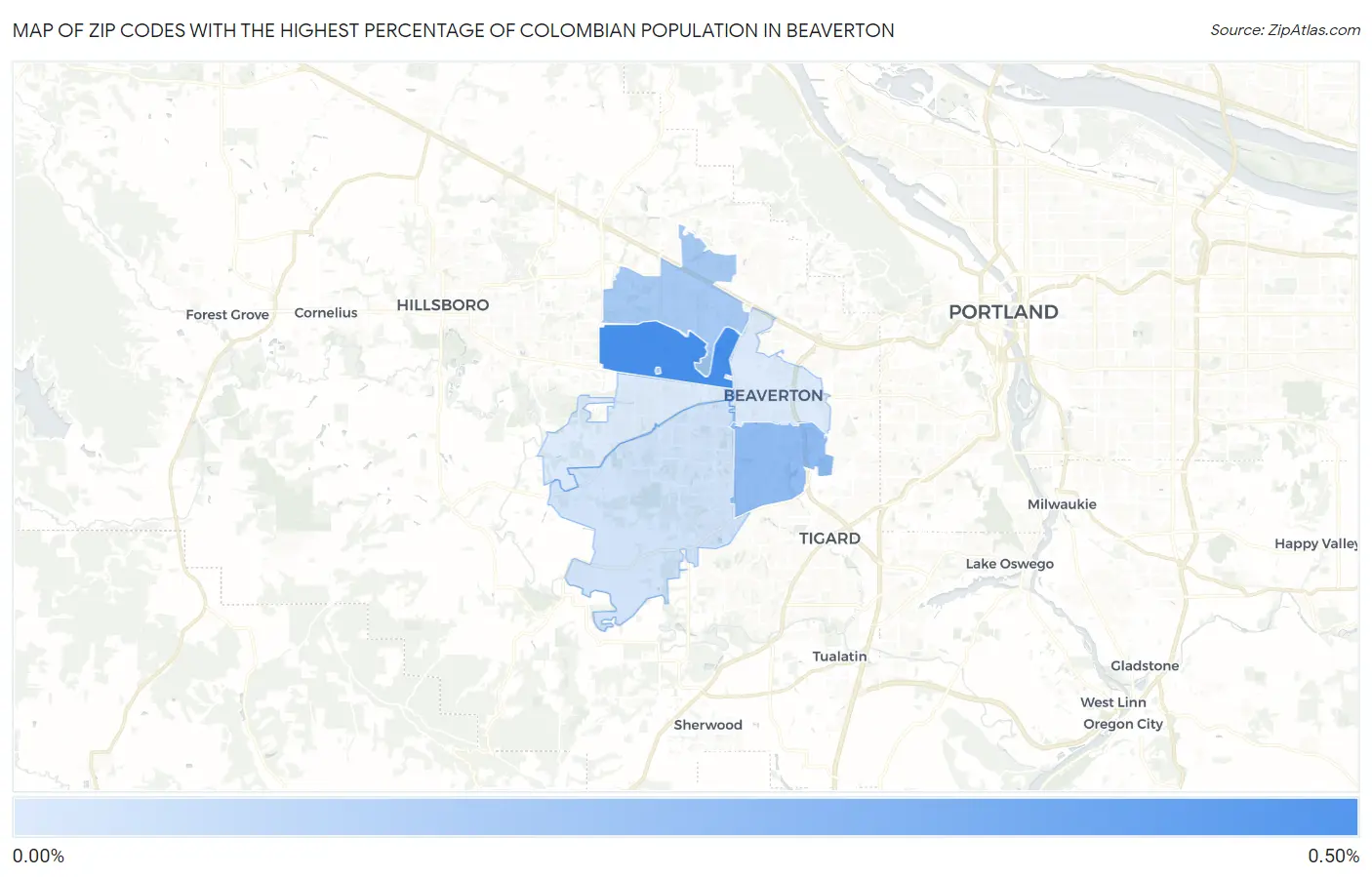 Zip Codes with the Highest Percentage of Colombian Population in Beaverton Map