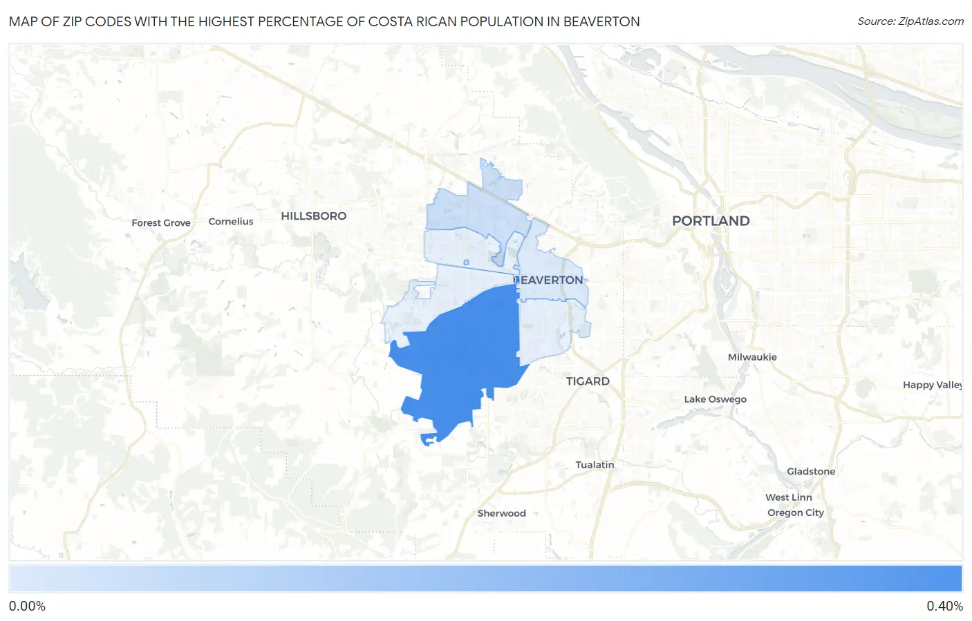 Zip Codes with the Highest Percentage of Costa Rican Population in Beaverton Map