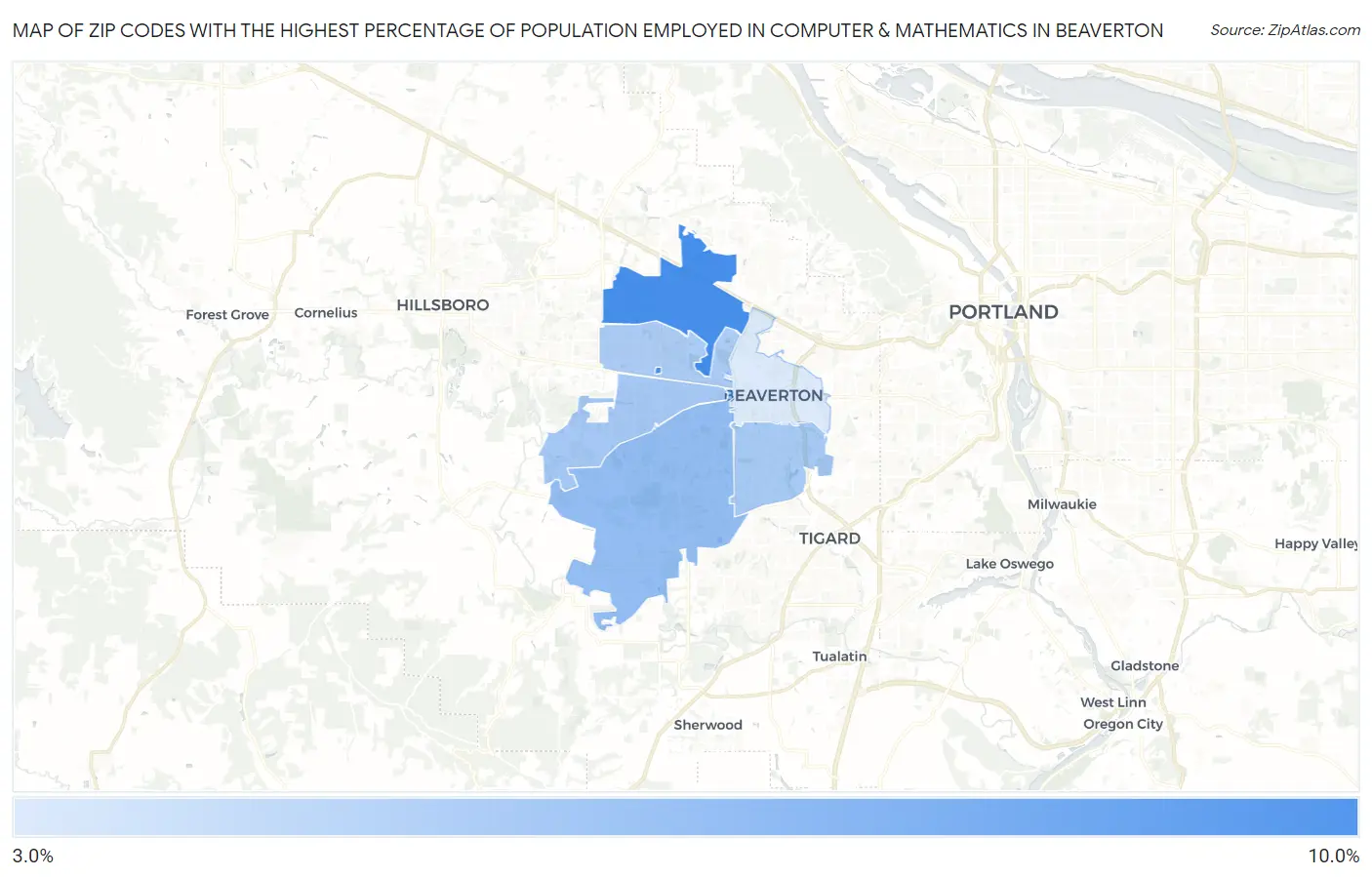 Zip Codes with the Highest Percentage of Population Employed in Computer & Mathematics in Beaverton Map