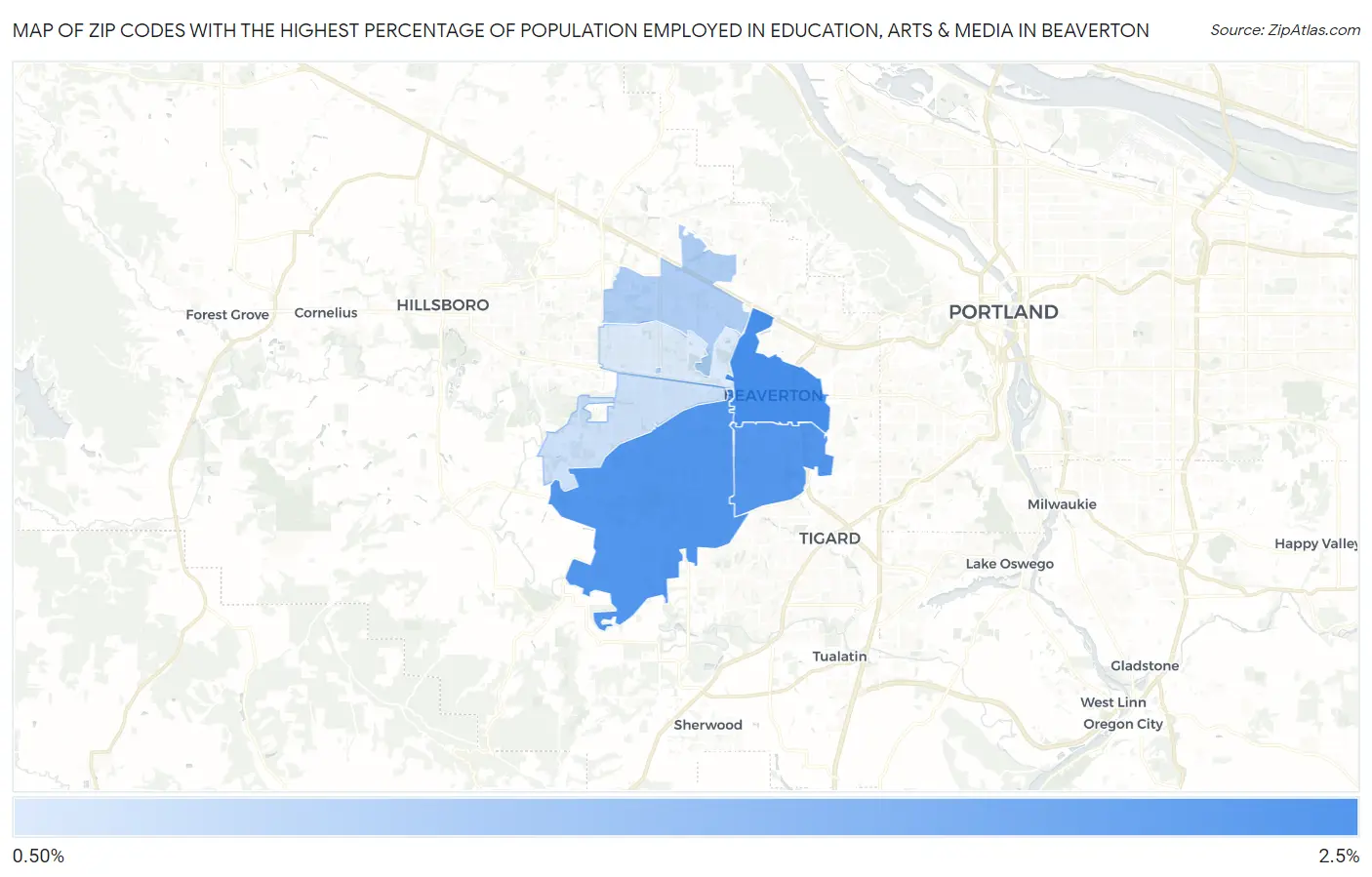 Zip Codes with the Highest Percentage of Population Employed in Education, Arts & Media in Beaverton Map